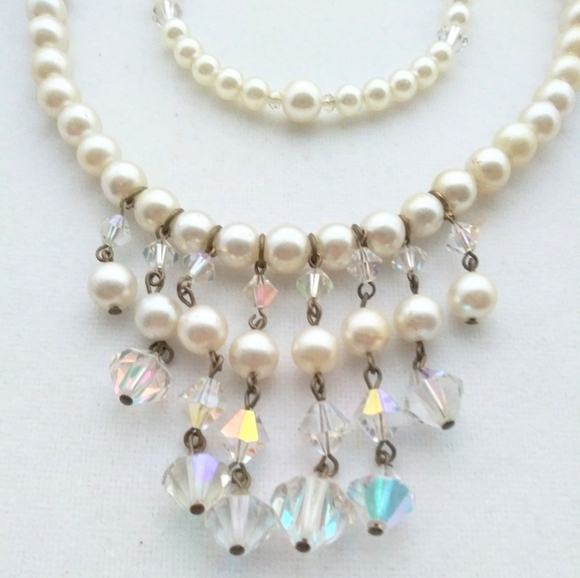 Vintage Faux Pearls AB Crystal Necklace set - Picture 3 of 8